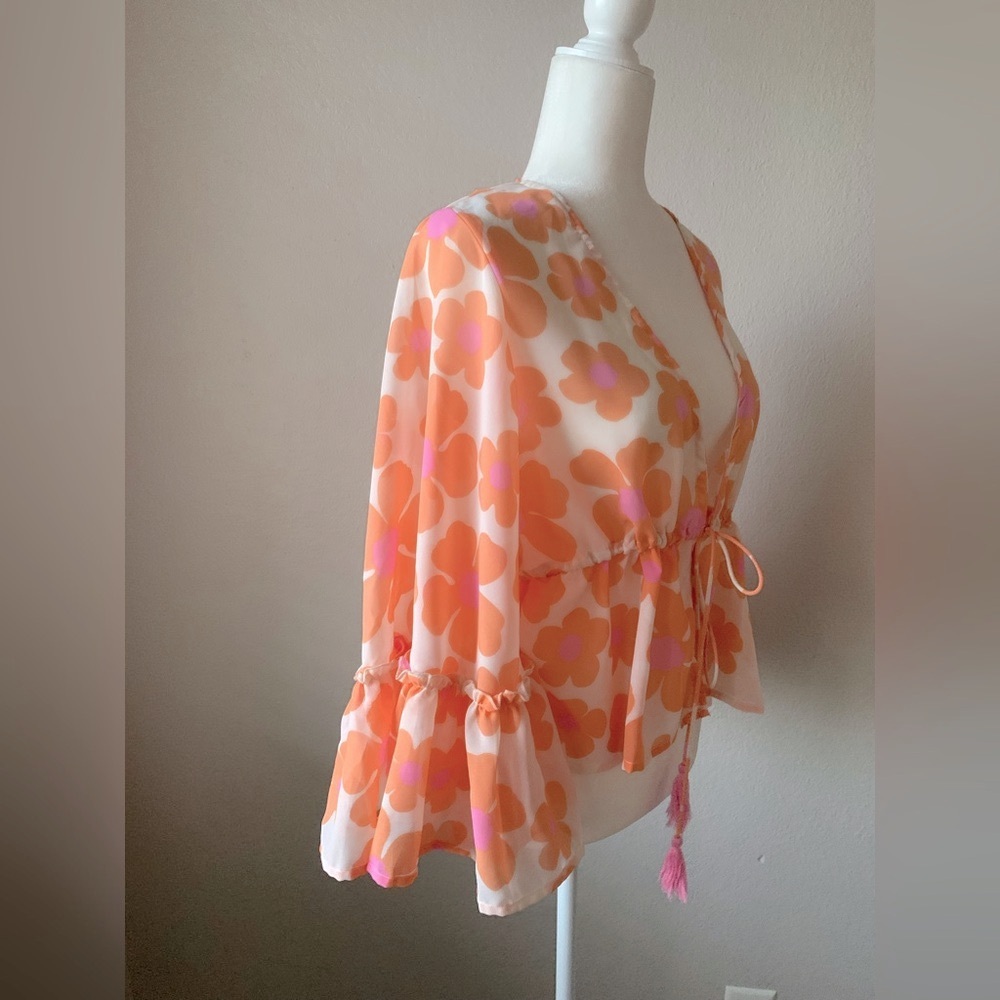 Girl Soul Floral Sheer Blouse with Bell Sleeves Size Small - Picture 2 of 5